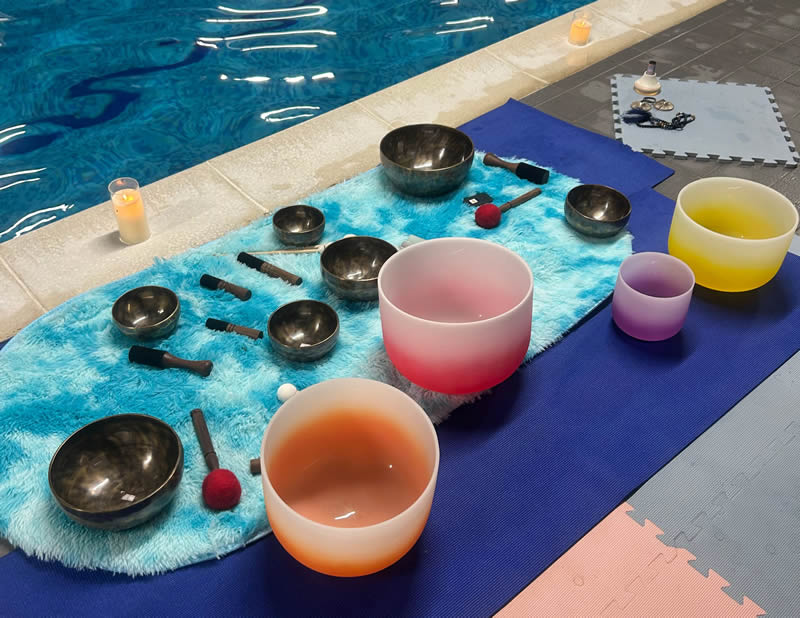 meditation bowls setup for sound bath session